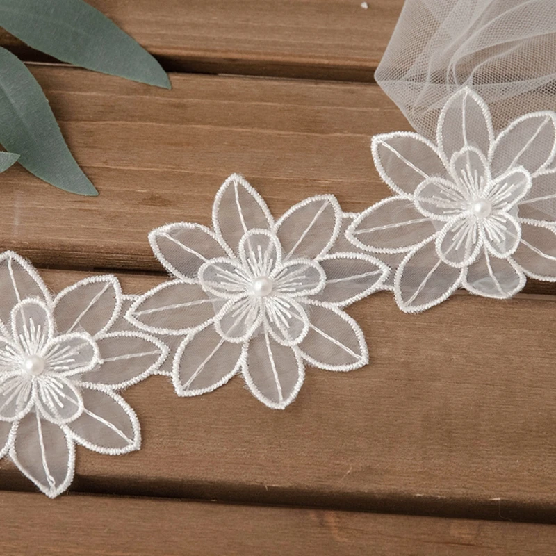 Cinta para ajuste, encaje blanco bordado con flores 1 yarda, apliques cuentas perlas imitación DIY