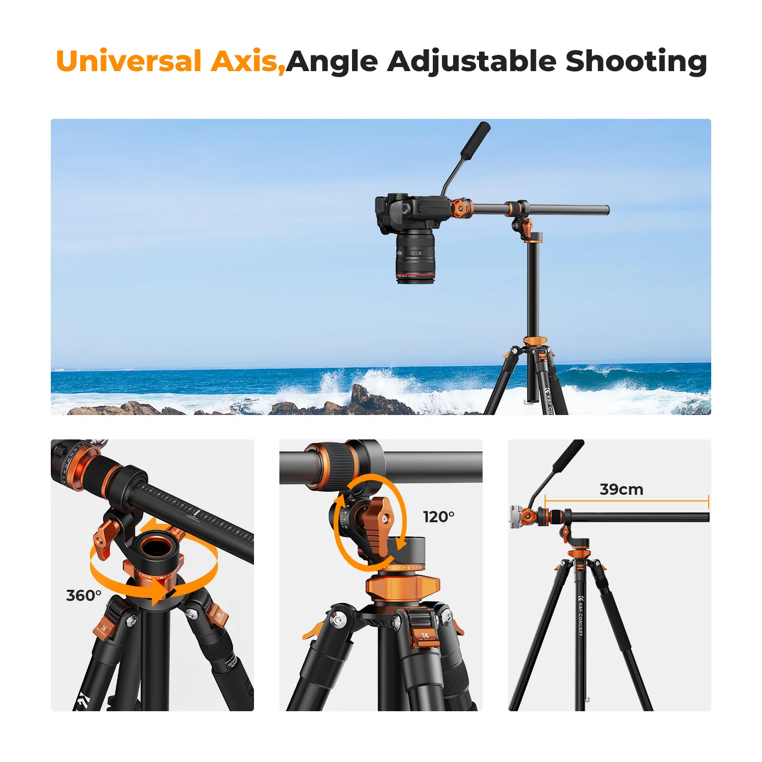 K&F Concept 91inch/2.3m fluid head tripod video tripod Reversible Detachable Monopod Transverse Center Column horizontal 360°