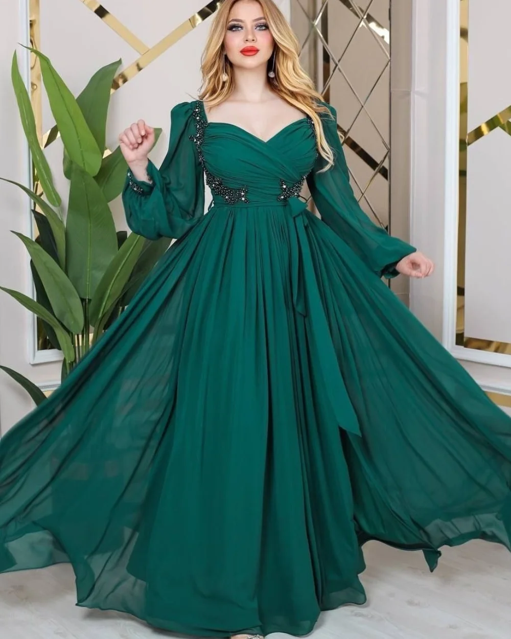 

Customized Elegant Chiffon Pleat Sequined A-line V-neck Long Dresses Bespoke Occasion Evening High Quality