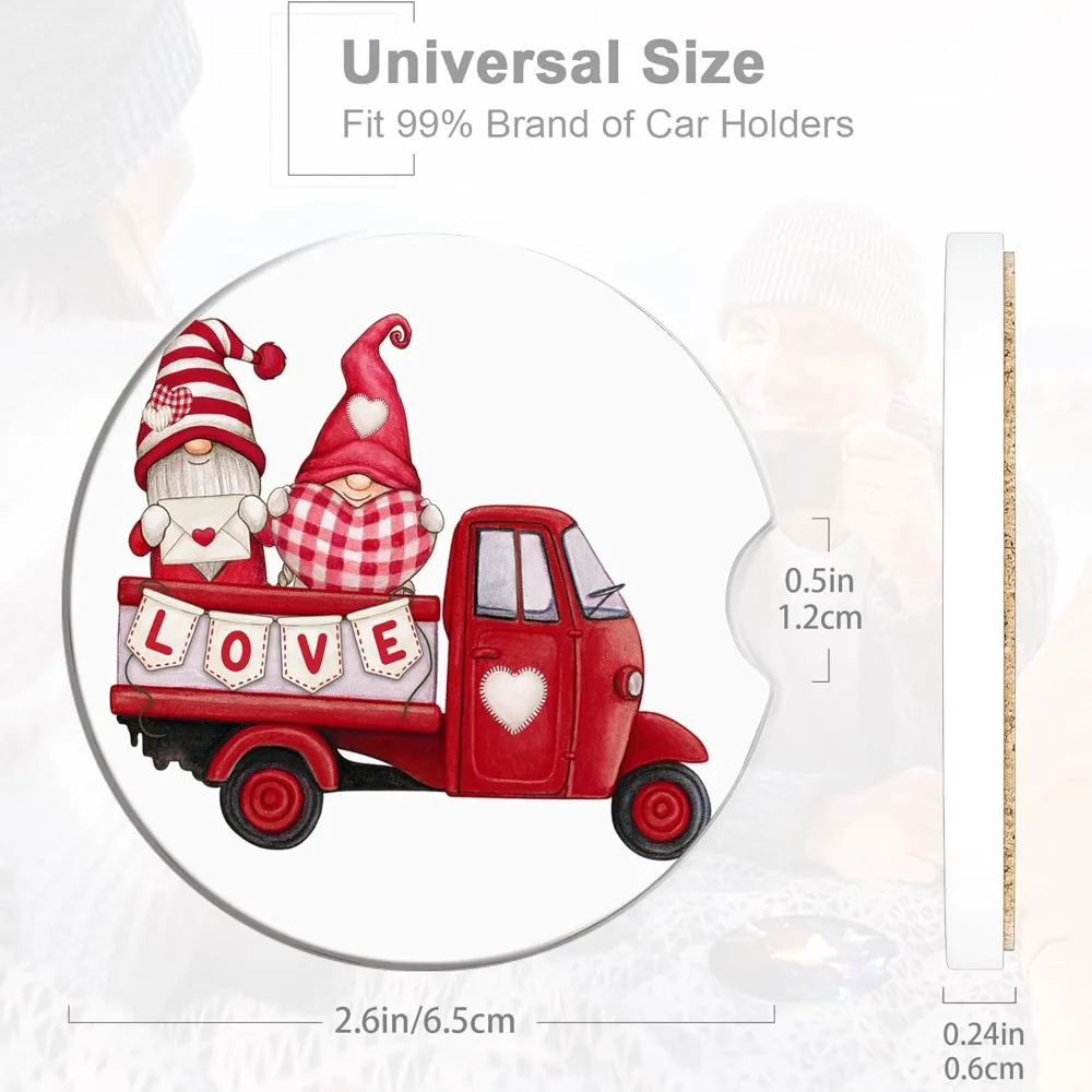 Christmas Red Truck Gnomes Car Cup Coaster 2 Pack Valentine's Day Love Absorbent Ceramic Coaster Drink Car Cup Holders