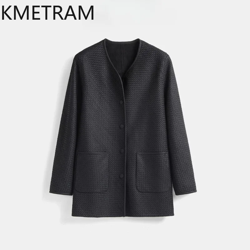 KMETRAM Super Soft Woven Goatskin Genuine Leather Jacket Woman Outerwear Mid Length Leather Coat Causal Jacket of Woman Fashion