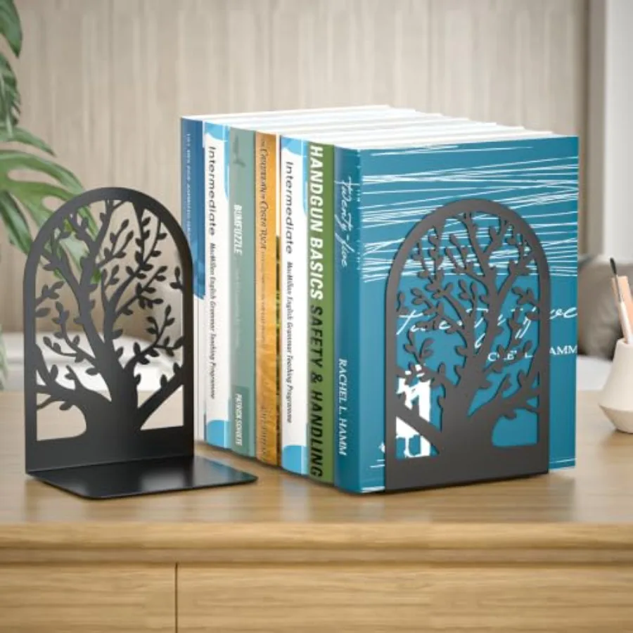 Tree Bookends 4 Pieces, Black Metal Bookends for Shelves, Unique Decorative Book Ends for Book Shelves, Book Stopper to Hold Bo