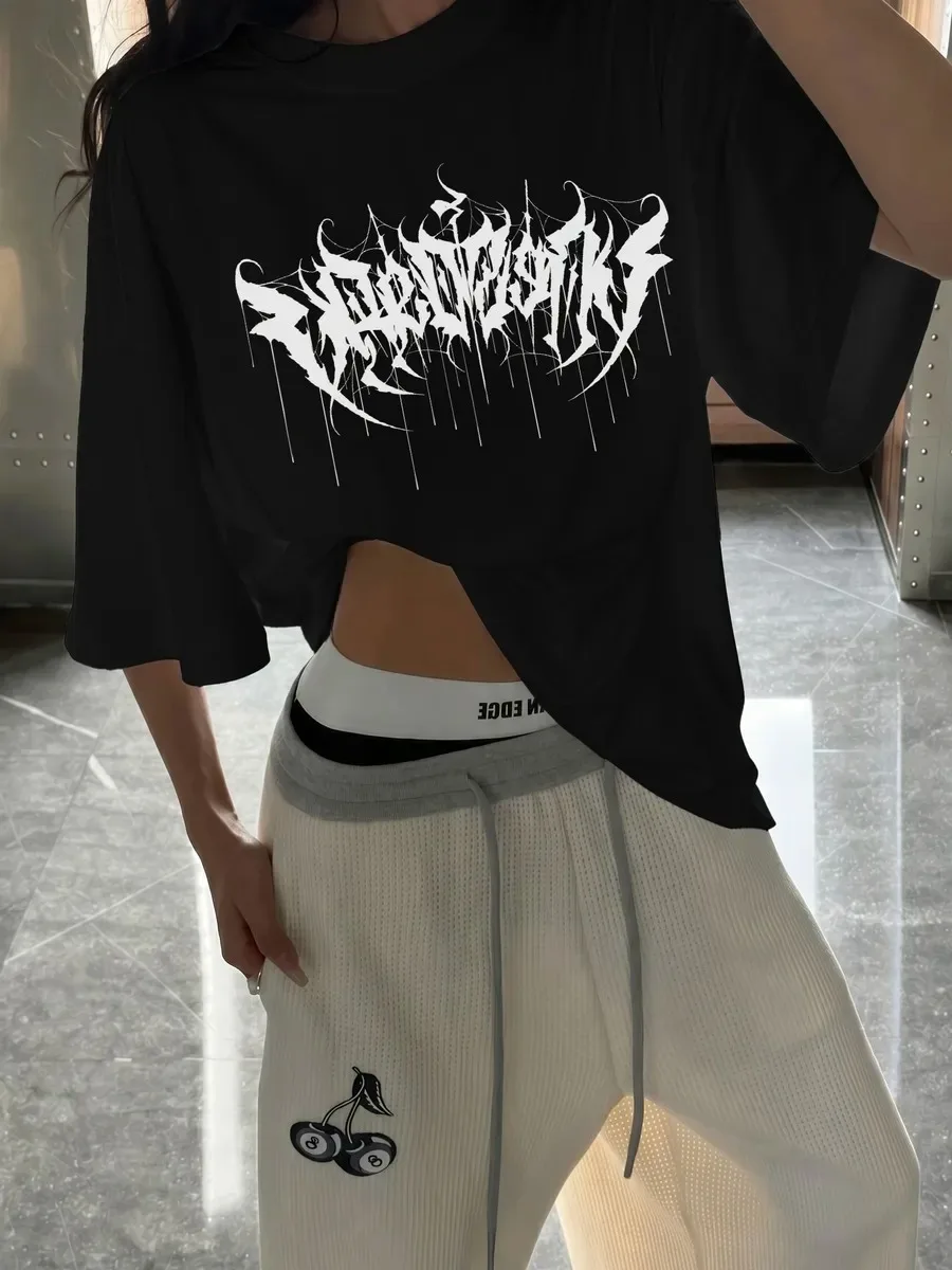 Women Black T‑Shirt Gothic Dark Calligraphy Spider Web Graphic Print Short Sleeve O‑Neck Loose Punk Streetwear Ladies Fashion