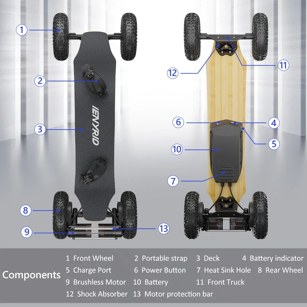 Skate elétrico fora de estrada com motor duplo, todo o terreno, skate, EUA, transporte da gota, 3300W, 180kg, 40 km/h