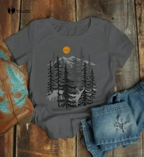 Women'S Forest T Shirt Hand Drawn Shirts Deer Woods Hipster Camping Explore Grap