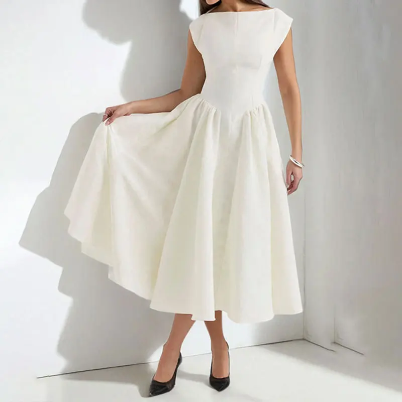 Women Midi Dress Round Neck Cap Sleeve Flared Skirt Solid Color Vintage Women' s Dresses High Waist Cocktail Party Dinner Date