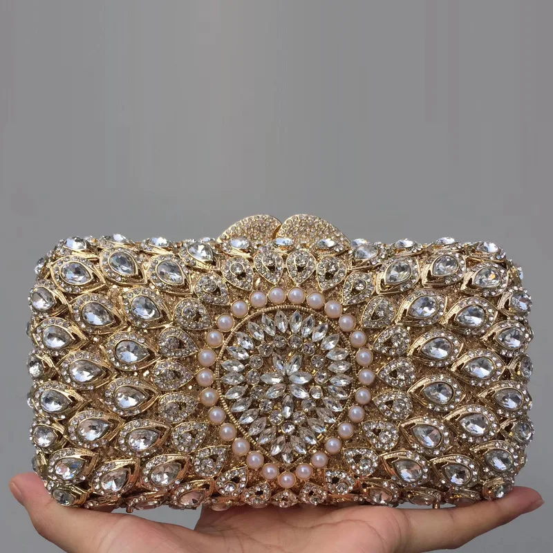 Rhinestone Empty Metal Crystal Dinner Bag Diamond Clutch Pearl Diamond Cartera De Fiestas Elegantes Trendy Glitter Material Tote
