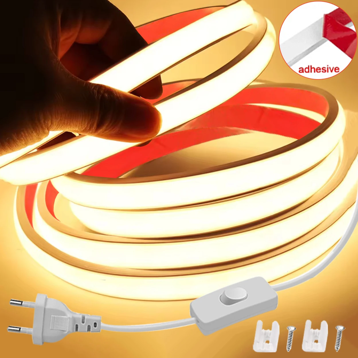 220V LED COB Strip Lights High Bright Waterproof Flexible Ribbon Tape EU Plug 220V Led Strip For Kitchen Outdoor Garden Lighting