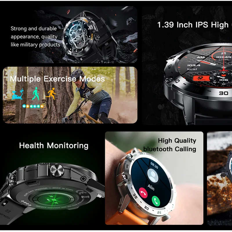 Military Men Outdoor Sports Smart Watch 1.39“HD Bluetooth Calling Full Touch Screen IP68 Waterproof Blood Oxygen Smartwatch