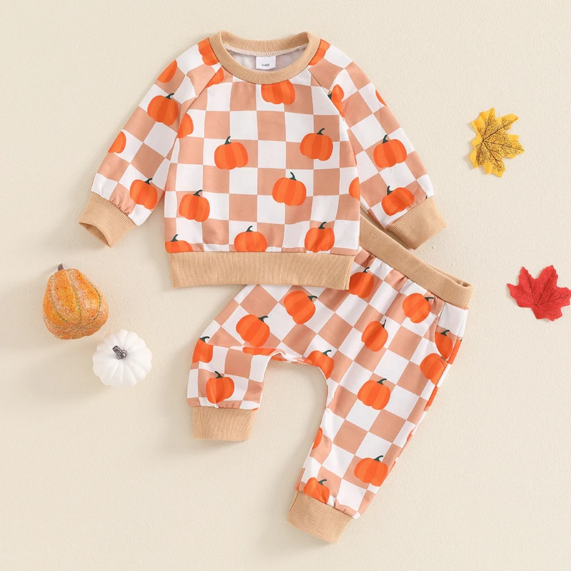 

2024-05-27 Lioraitiin Toddler Boys Halloween Outfits Checkerboard Pumpkin Print Long Sleeve Sweatshirt and Long Pants 2Pcs Set