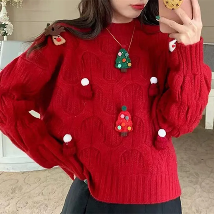 

New Christmas Tree Red Sweater Christmas Theme Vibes Outfit Clothes Autumn And Winter Knitwear Tops
