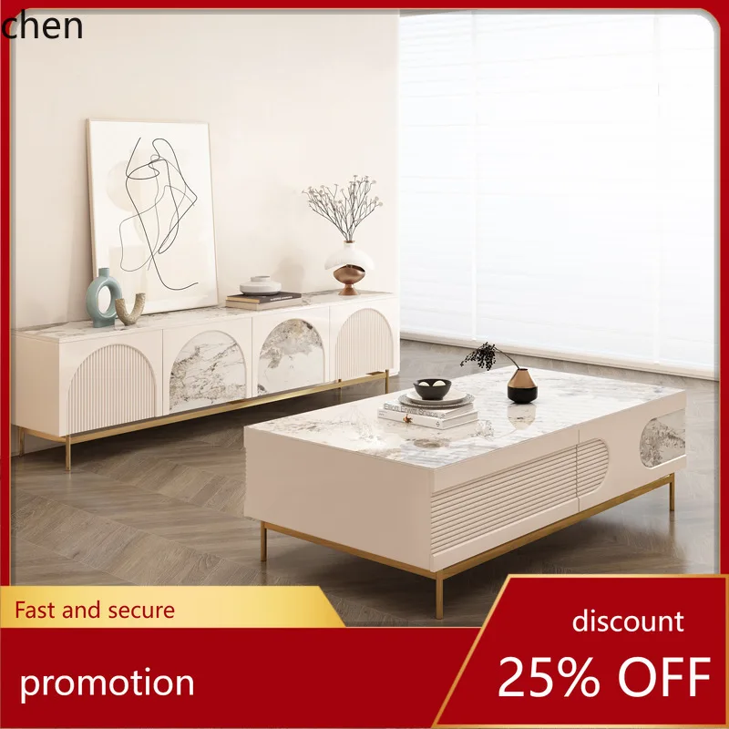 HT TV Cabinet and Coffee Table Set for Villa Living Room, Cream Style Rock Board Storage Floor Cabinet