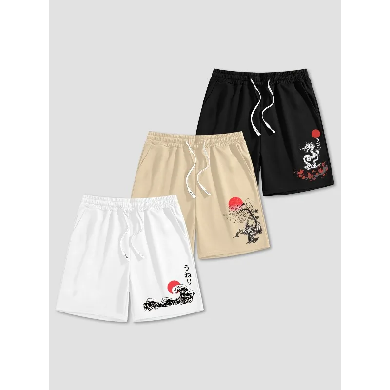 Men's Sports Breathable Casual Shorts with Sun Print Loose Fit Suitable for Daily Wear 3-piece Set