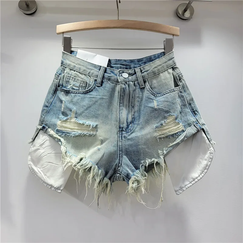 2024 Summer New Women's Pink Hole Denim Shorts High Waist Slimming Spicy Girl A-line Ragged Edge Shorts