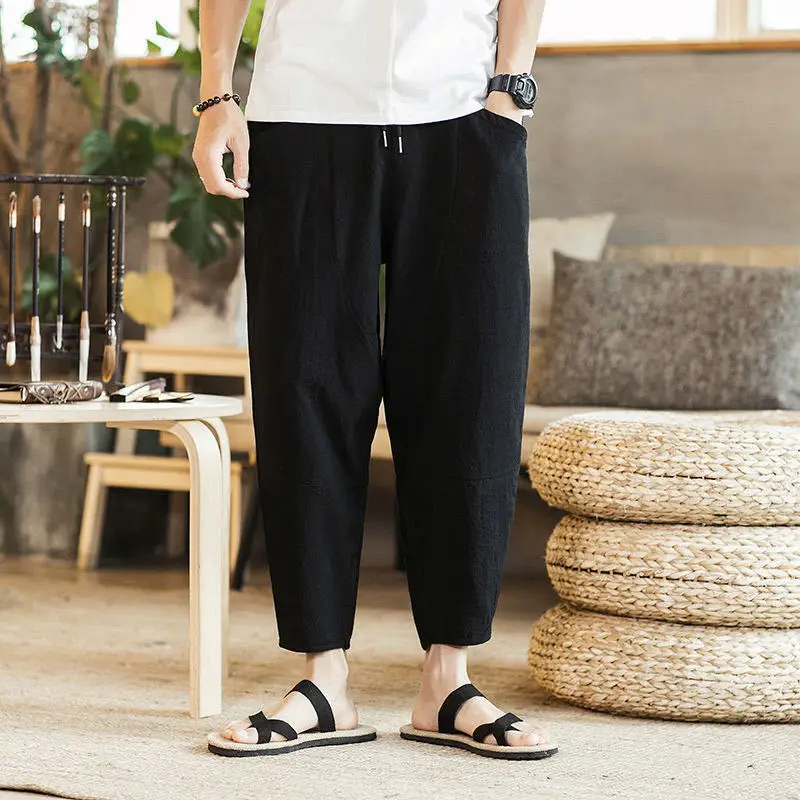 New Summer Cotton and Linen Loose Men's Casual Cropped Plus Trendy Youth Thin Versatile Wide-fitting Harem Pants