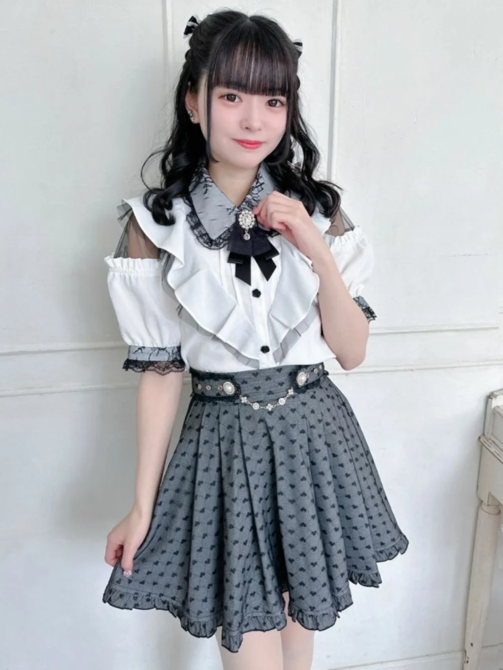 Japanese Mine Sweet Dot Love Plaid Printed Ruffled Diamond Decorations Chain Mass-Produced High Waist Short Pleated Skirt Women