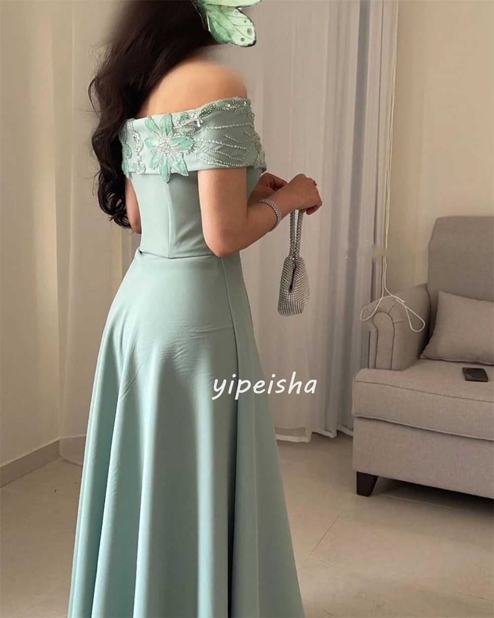 Jersey Sequined Flower Beading Ruched Celebrity A-line Off-the-shoulder Bespoke Occasion Gown Midi Dresses