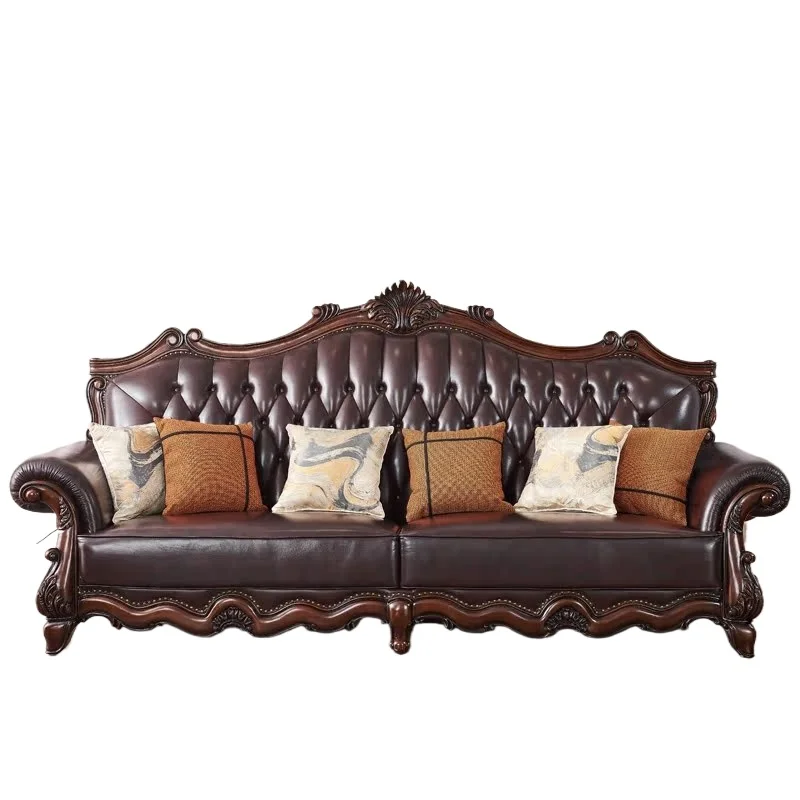 

American leather sofa classic American large apartment sofa villa living room furniture full solid wood carving flower first lay