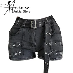 Women Black Gothic Denim Shorts Y2k Jeans Short Pants Harajuku Aesthetic Vintage Cowboy Shorts 2000s Trashy Clothes Summer 2024