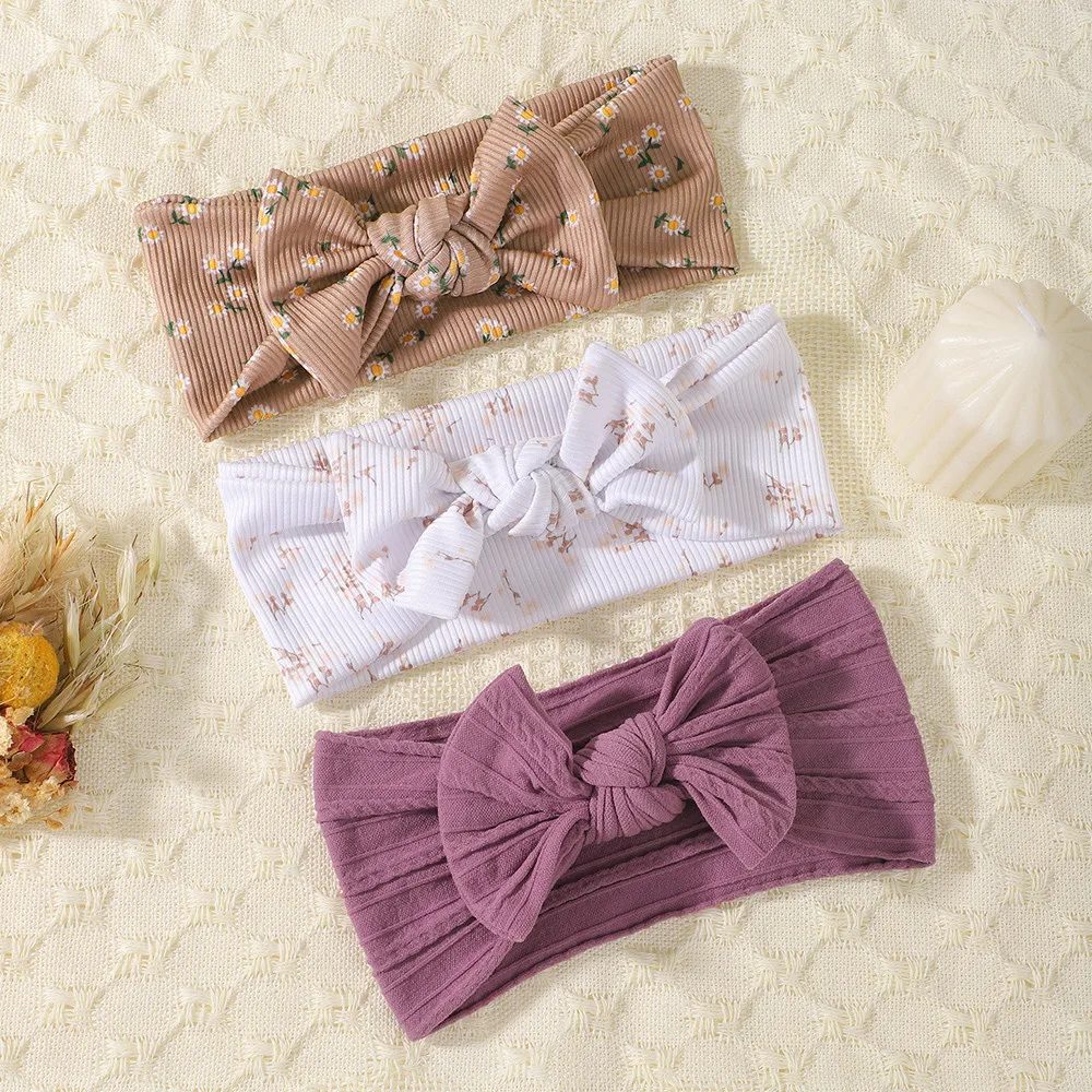 3-teiliges Baby-Stirnband-Set mit geknoteter Schleife, Turban, gerippte Haarbänder für Neugeborene, Kirschherz-Druck, Haarschmuck für Kleinkinder, Kopfwickel für Kleinkinder – Detail 5