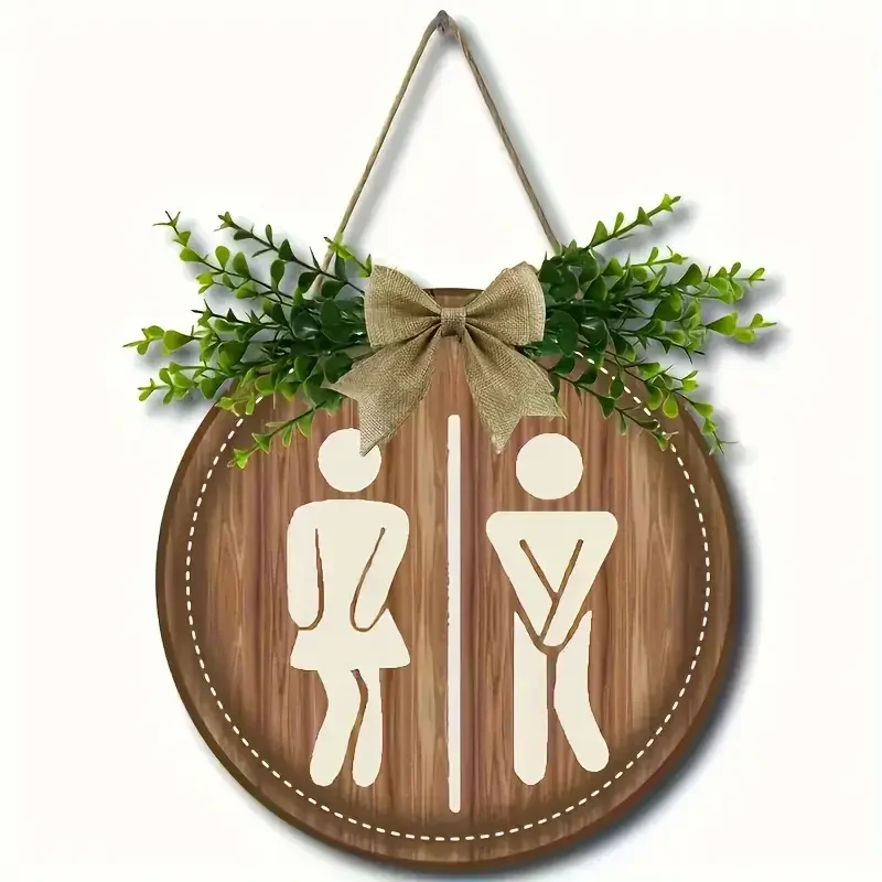 Rustikaler Kranz, Holzschild, Wanddekoration, rundes Brett, Schilder, Wäsche, Tür, zum Aufhängen, Badezimmer-Schild, Unisex, WC-Dekoration