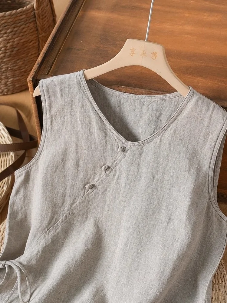 中国風ヴィンテージ綿麻ベスト レディース 夏 シンプル 薄手 スリムトップ ボタンタイ バルクロージング