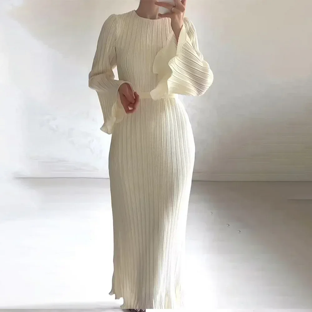 Elegant Pleated Dress Women Round Neck Belt Gathered Waist Solid Color Long Dresses Party 2024 Spring New