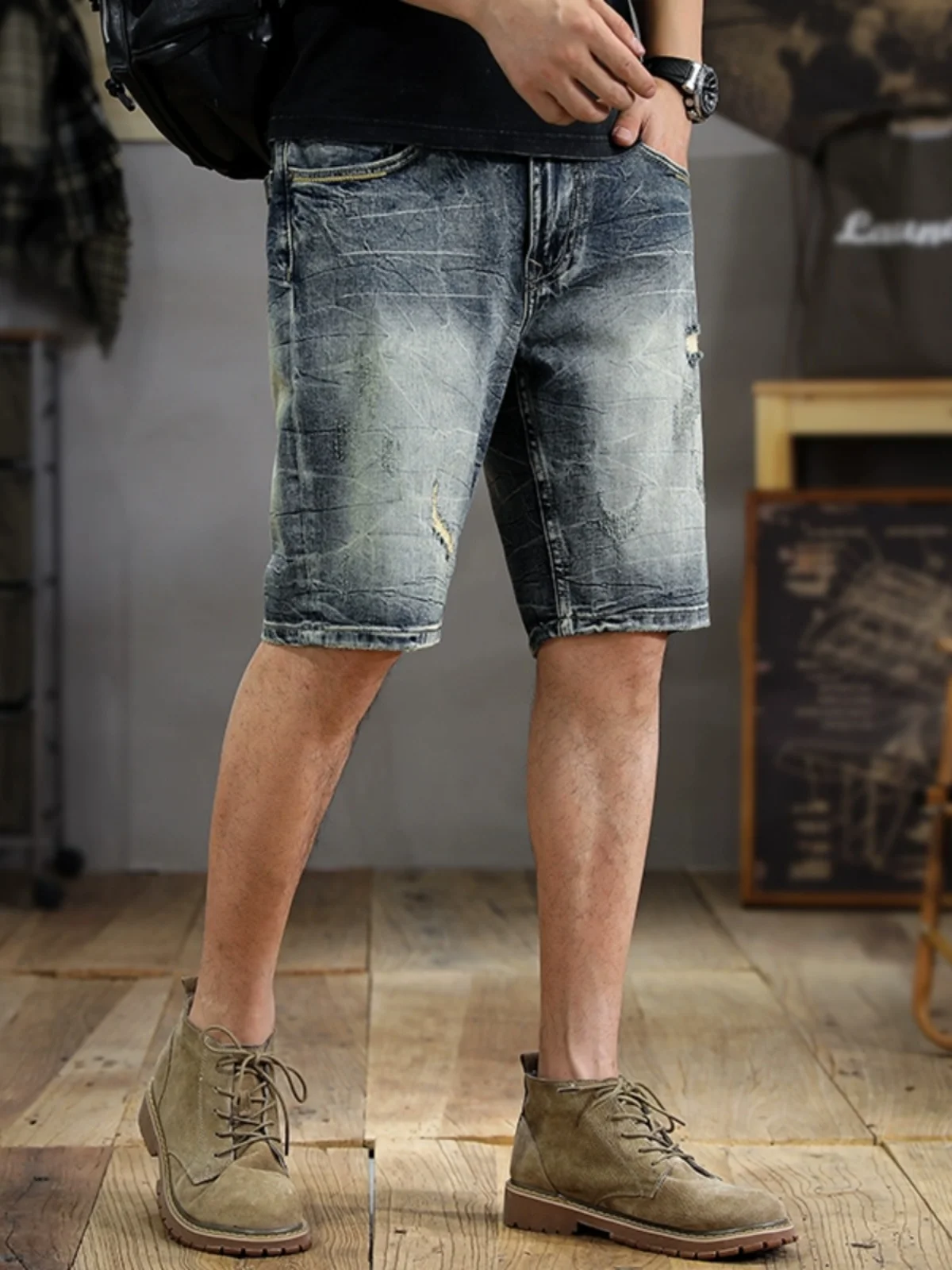

High-End Retro Washed Denim Shorts Men's Korean Style INS Trendy Micro Elastic Slim Straight Five-Quarter Middle Pants