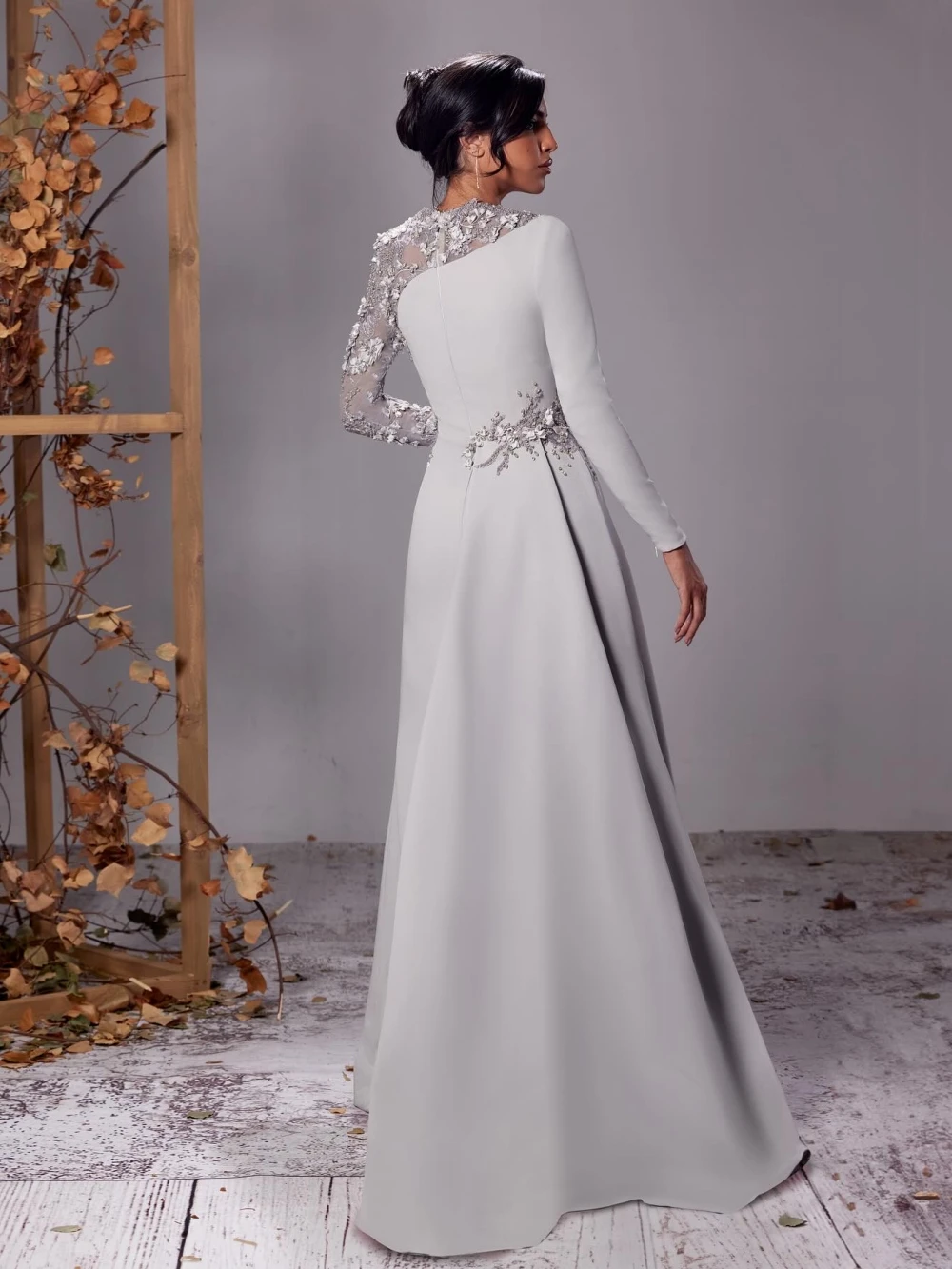 Mother Of The Bride Dresses For Wedding Detachable Train Beaded 3D Flower Evening Dress Elegant Satin Long Sleeved Formal Gown