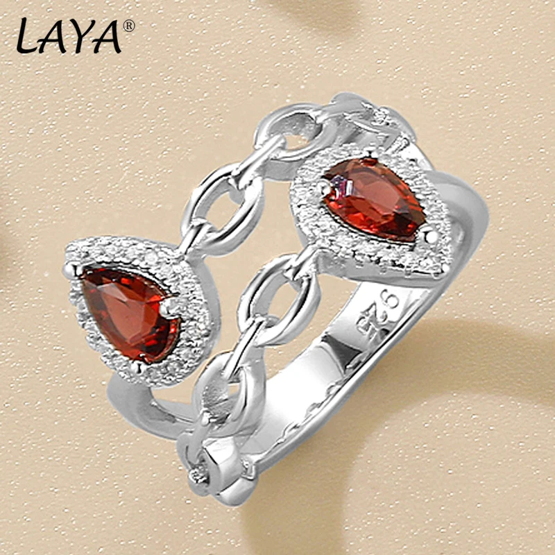 LAYA 925 Sterling Silver Purple Gemstones Pear-Shape Natural Amethyst Cube Chain Ring For Women Original Modern Fine Jewelry