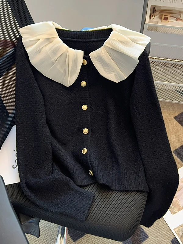 French Sle Doll Collar Knitted Sweater Coat Women's Autumn Winter Faionable Lace Trimmed Long Sve Warm Color Top