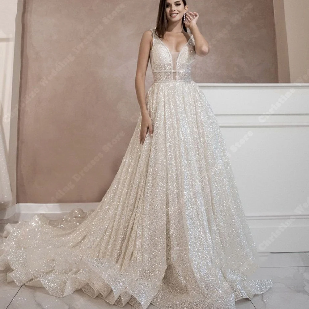 Vestidos De novia con cuello en V profundo para mujer, De línea a Vestidos De novia, brillo hermoso, longitud De trapeado, Princesa, Vestidos De compromiso