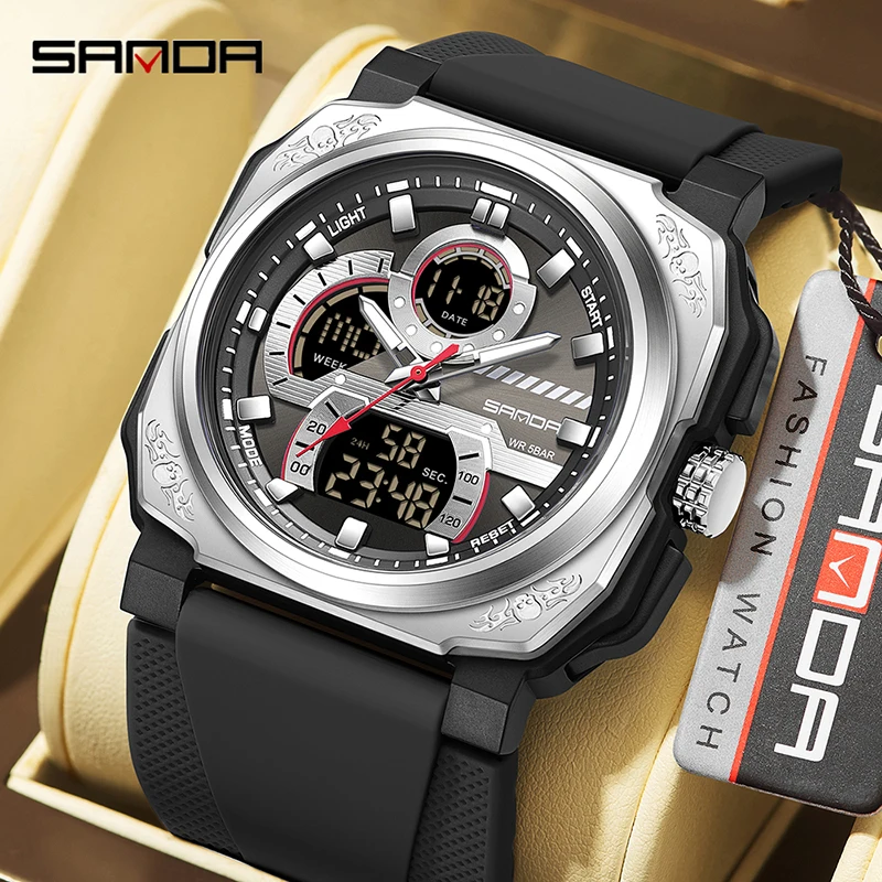 SANDA 3356  Top Military Men Digital Sports Watches Waterproof Electronic Quartz Wristwatch Mens Quality Brand Watch  G Style