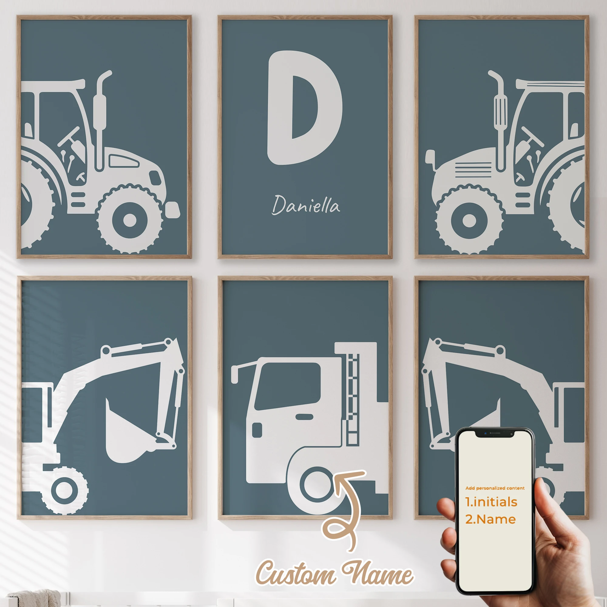 6 stücke Personalisierte Benutzerdefinierte Name Cartoon Kind Bagger Wand Kunstdruck Bild Leinwand Poster Malerei Für Wohnzimmer Wohnkultur