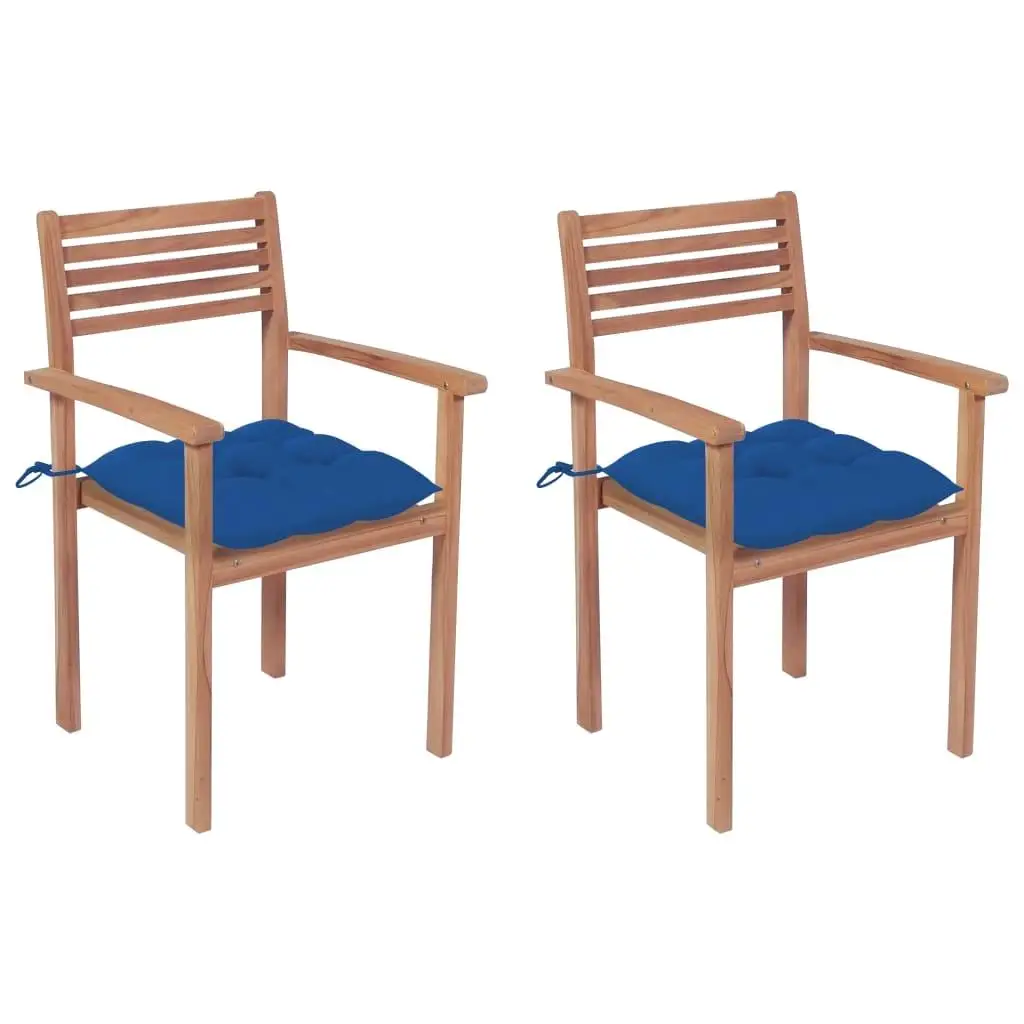 

Comfortable Patio Chair Set of Two with Blue Cushions Stylish Teak Wood Finish Outdoor Seating Furniture