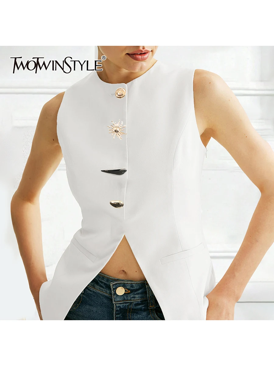 TWOTWINSTYLE Solid Spliced Button Slimming Vests For Women O Neck Sleeveless Tunic Temperament Vests Female Fashion Style New