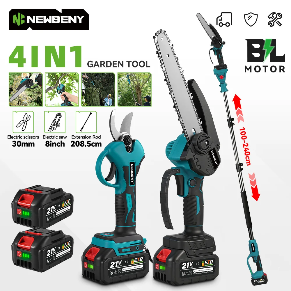 NEWBENY 4-in-1 Bürstenlose Elektrische Kettensäge mit Teleskopstange, Hochastsäge, Holzbearbeitungs- und Beschneidewerkzeug für Makita-Akkus