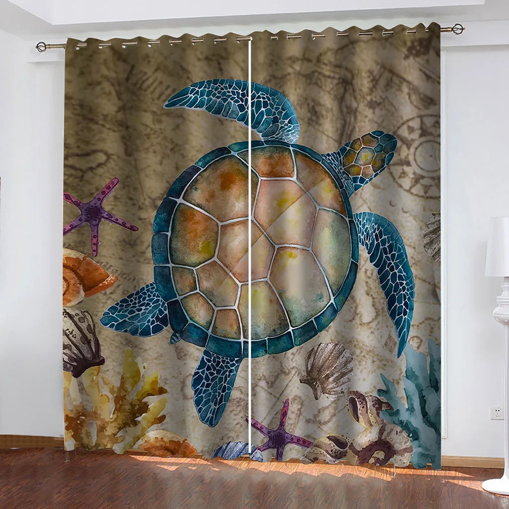 3D Printed Animal Marine Turtle Aesthetic Room Decoration, Curtains For Kid'S Bedroom Living Room Divider Curtain 2 Panel