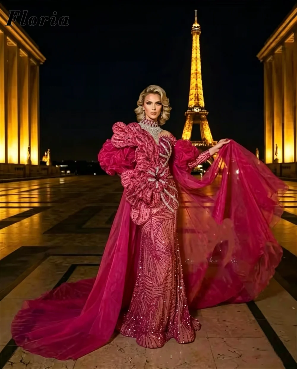 

Luxurious Beaded Floral Cocktail Dresses With Overskirt Customized 2026 Fuchsia Long Sleeves Evening Dress Wedding Party Gowns