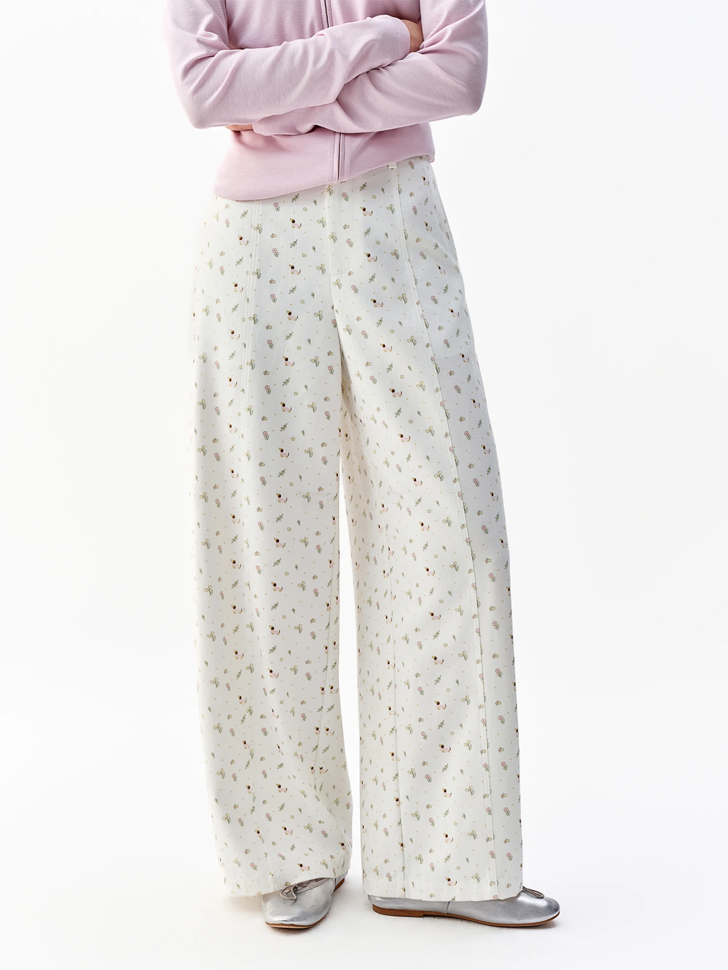 DUSHU Cotton Blend Loose Straight Leg Casual Pants Korean Style High-waisted Pants Women Autumn Pink Floral Sweet Breathable