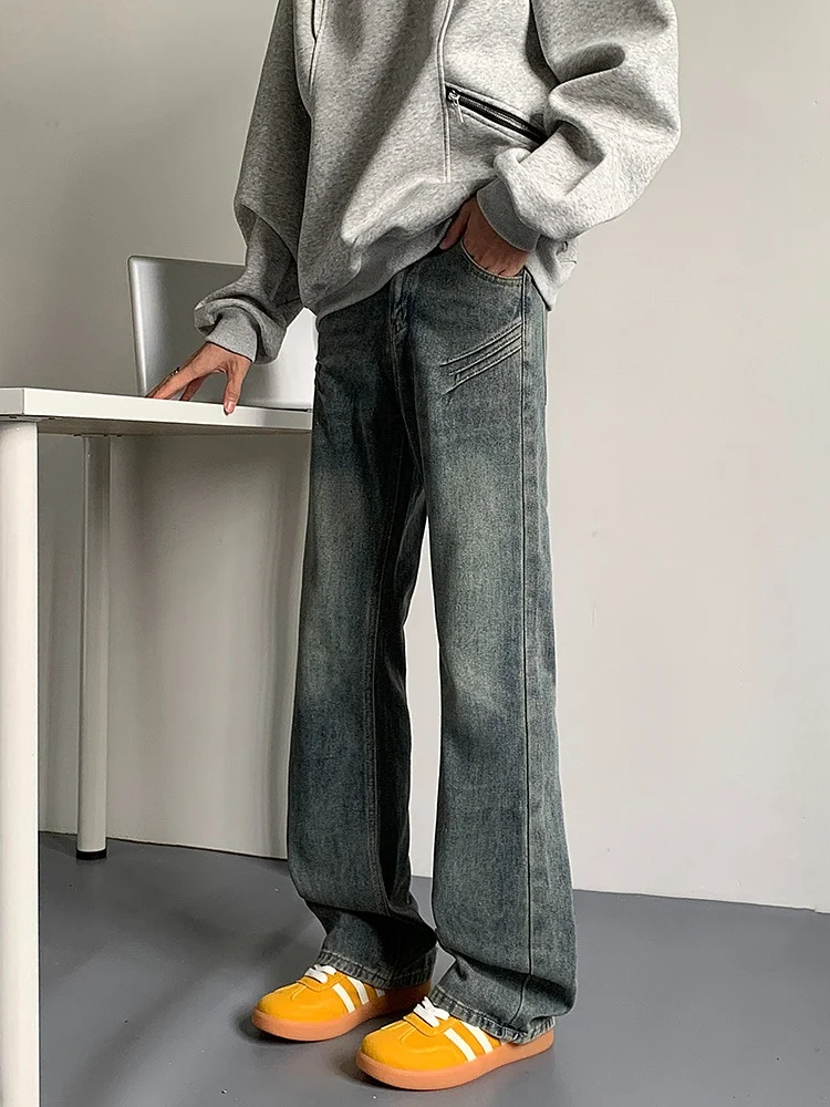 

Retro American Denim Jeans Men's Spring Autumn Loose Slimming Bell Bottoms Straight Legged Washed out Casual Trousers