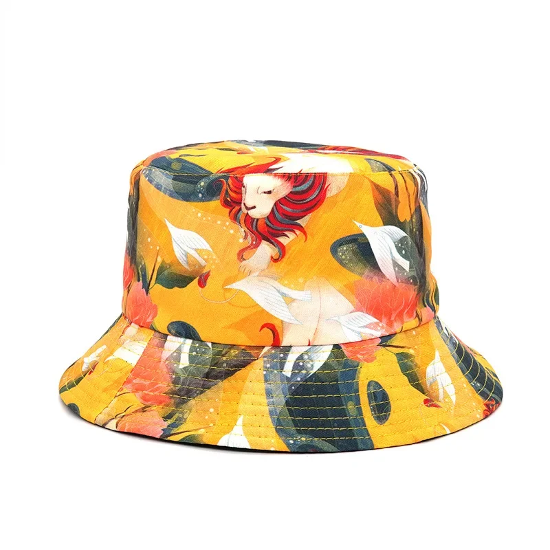 Summer Fisherman Cartoon Print Hat Reversible Cartoon Bucket Hats Women Men Street Hip Hop Bucket Cap Vintage Fishing Hat