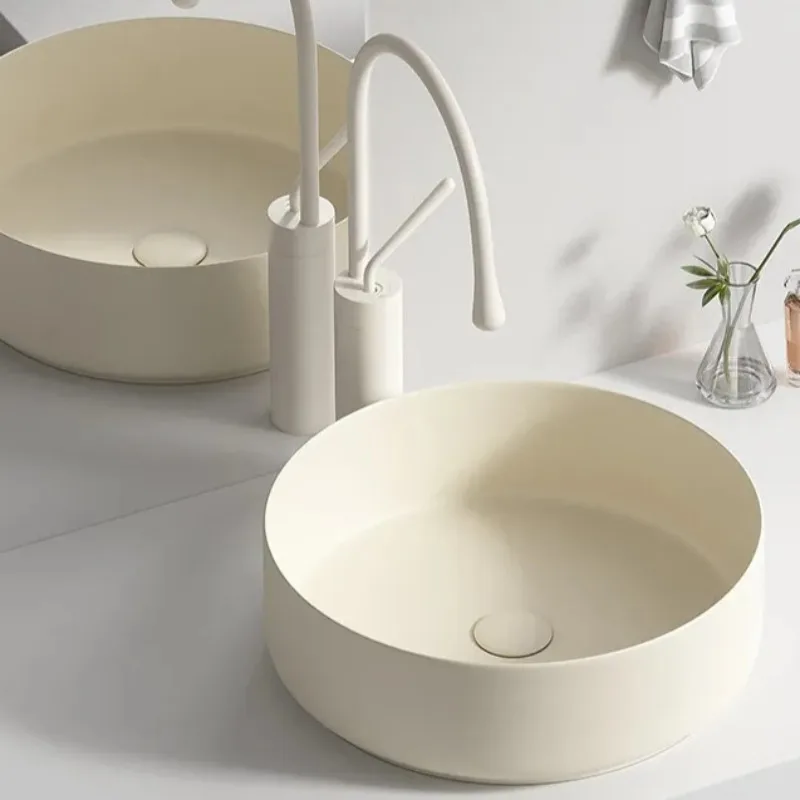 

Cream Style Round Ceramic Vanity Basin Bathroom Countertop Sink with Faucet Hole Porcelain Wash Basin for Modern Home& Apartment