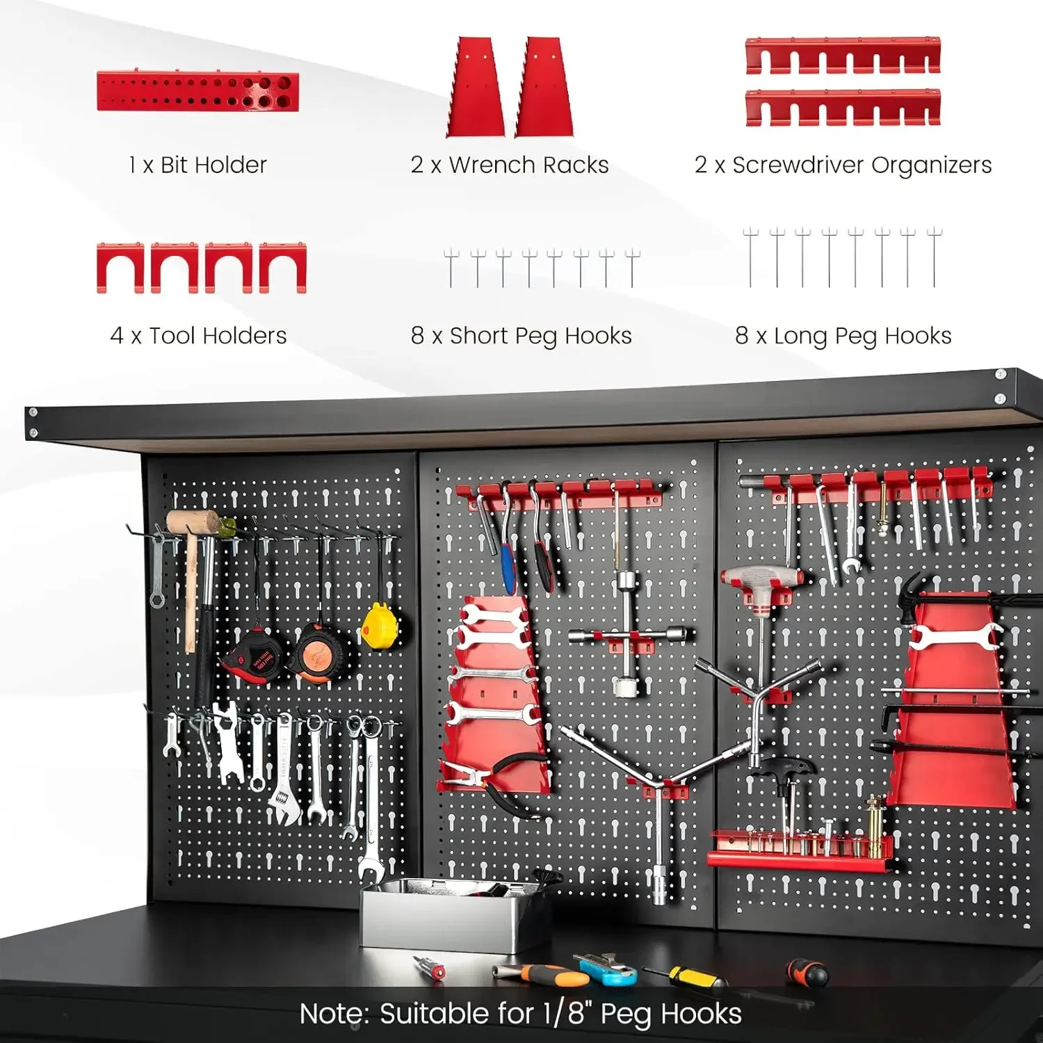 Work Bench, 48”x24” Work Table with Drawers, Pegboard, 965LBS Capacity, 25 Hanging Accessories, Metal Tool Bench, Heavy Duty