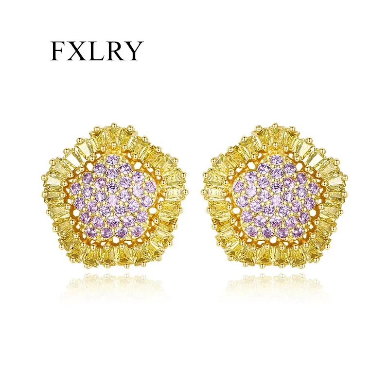 FXLRY New creative fashion white /gold color inlay zircon ladies Geometric flower earrings jewelry