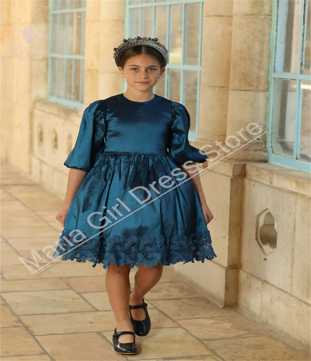 

Satin Half-sleeve Lace-Trimmed Children's Party Dress Suitable For Girls' Birthday Wedding Events Photography Outfits