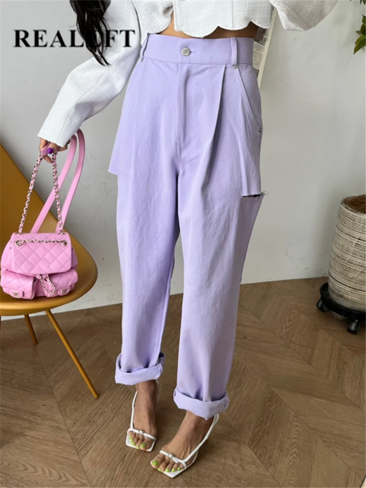 

REALEFT Spring Summer 2023 New Purple Women's Denim Wide Leg Pants High Waist Casual Jeans Straight Pink Trourses Tassel Female