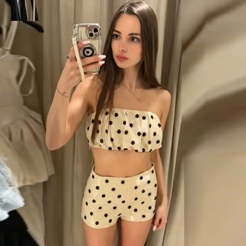 HXAO Polka Dots Pailletten-Shorts-Sets Damenanzug Elegantes Trägerloses Crop-Top Rückenfreies Top 2-teiliges Set Schickes Mini-Outfit mit Niedriger Taille – Detail 6