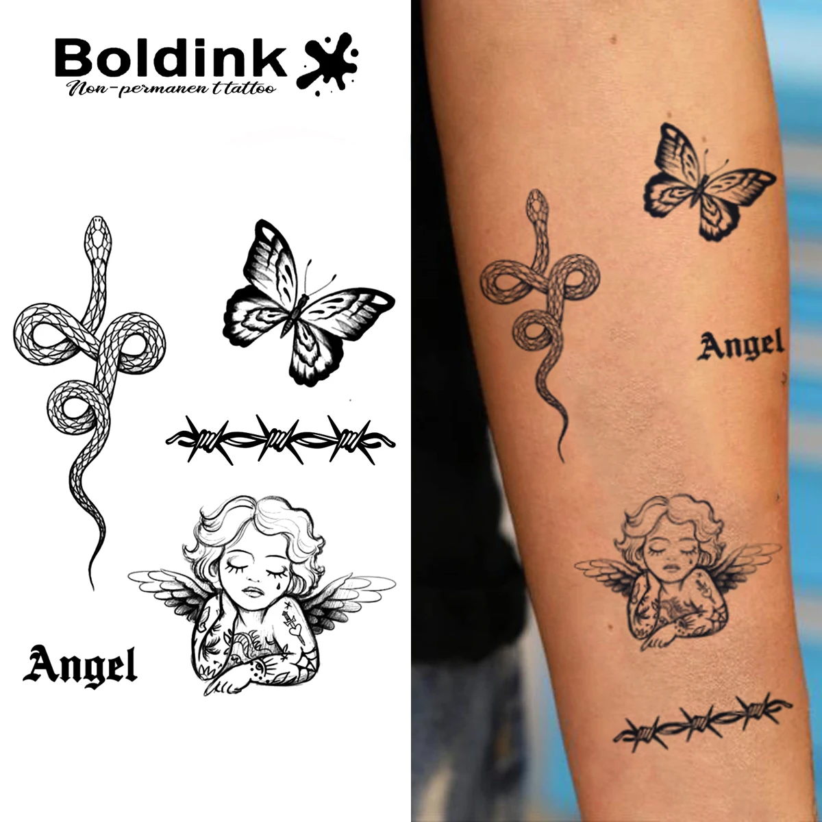 

Временная татуировка Boldink Angel Snake с колючей бабочкой, последние до 15 дней, новая технология, волшебная водонепроницаемая полуперманентная наклейка.