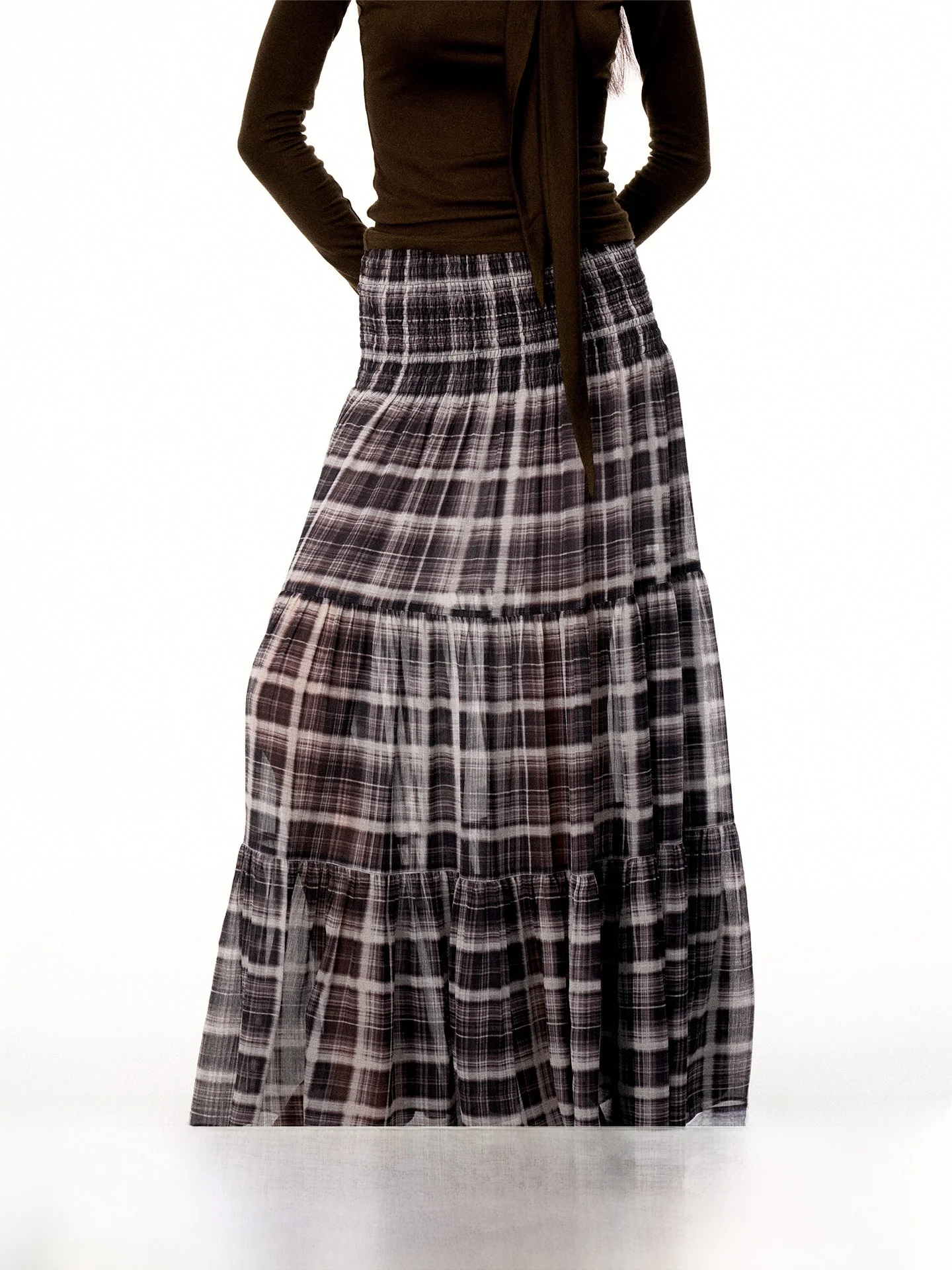 

Firstfloor Vintage Plaid Polka Dot Double Color Print Long Skirt Women's High Waist Silk Chiffon Draped Design Casual Gown